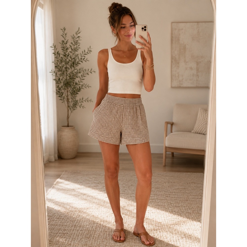 Tuckernuck Studio McGee Gingham Shorts Mocha Cotton Augusta Coastal Cottagecore - Picture 3 of 9